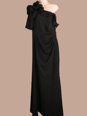 Adrianna Papell Black Formal Dress One Shoulder Ruffle Lined Stretch MOB Size 14